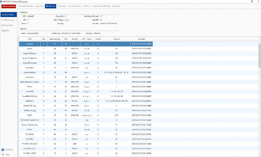 2)	过程记录 您可以通过查看保存的会话文件，方便地在 AirCheck G2 Manager 软件中查看关于接入点、信道或客户端的详细信息。这些会话文件将捕捉包括 AirCheck G2 配置信息、自动测试结果、接入点/客户端和信道使用列表在内的详细信息。  3)	列出网络                                                                                                                      查找安全问题、恶意接入点和信号覆盖问题，查看 AirCheck 侦听到的所有无线网络的列表。 立即查看每个网络的以下项目：